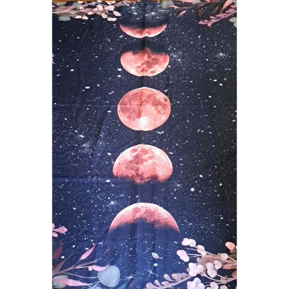 Moon Phase Fabric Shower Curtain Black Pink Floral Edge Celestial Mystical